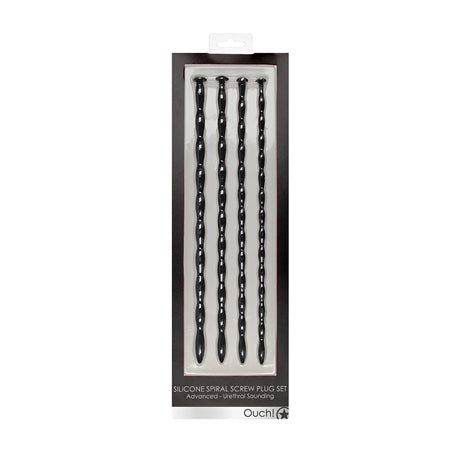 Ouch! Urethral Sounding Advanced Silicone Spiral Screw Plug Set Black 7 mm / 8 mm / 9 mm / 10 mm by Bondage & Fetish Toys