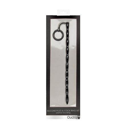 Urethral Sounding Silicone Plug & Cock Ring Set Black 10 mm in packaging.
