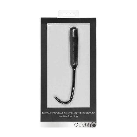Ouch! Urethral Sounding silicone vibrating bullet plug with beaded tip in black, 5.5 to 7 mm size.
