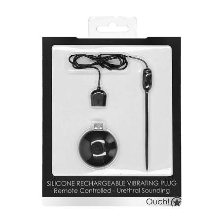 Remote-controlled silicone rechargeable vibrating plug 4mm black packaging.