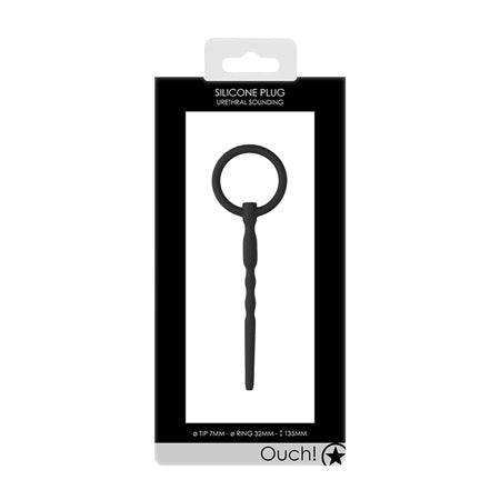 Black 7mm Ouch urethral sounding silicone cock pin in packaging with ring handle for safe insertion