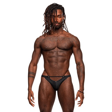 Male Power Magnificence Micro V Thong, sleek and supportive underwear in black.