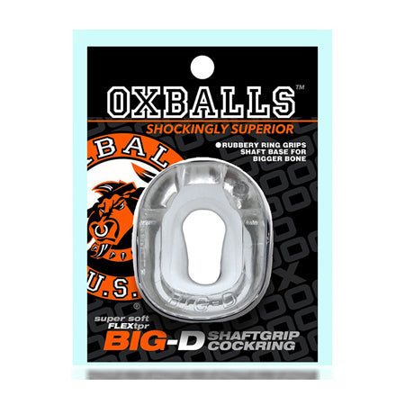 Oxballs Big-D Shaft Grip cockring in clear flexTPR with ergonomic oval shape and shaft grippers for enhanced fit and comfort.