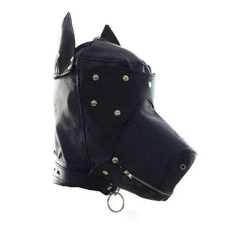 Ple'sur Locking Lace-Up black faux leather dog hood mask with zipper mouth and adjustable fit