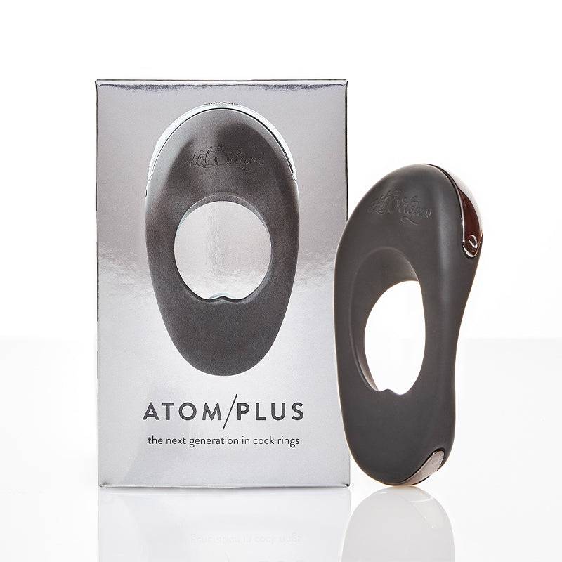 Hot Octopuss Atom Plus rechargeable black silicone vibrating cock ring with packaging