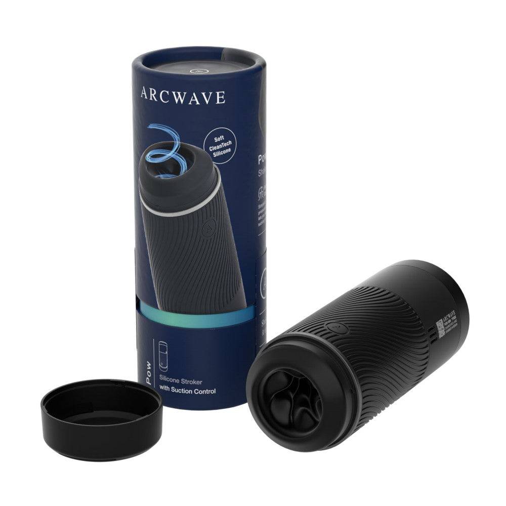 Arcwave Pow Silicone Stroker with suction control in black silicone, packaging included, ergonomic design for enhanced pleasure