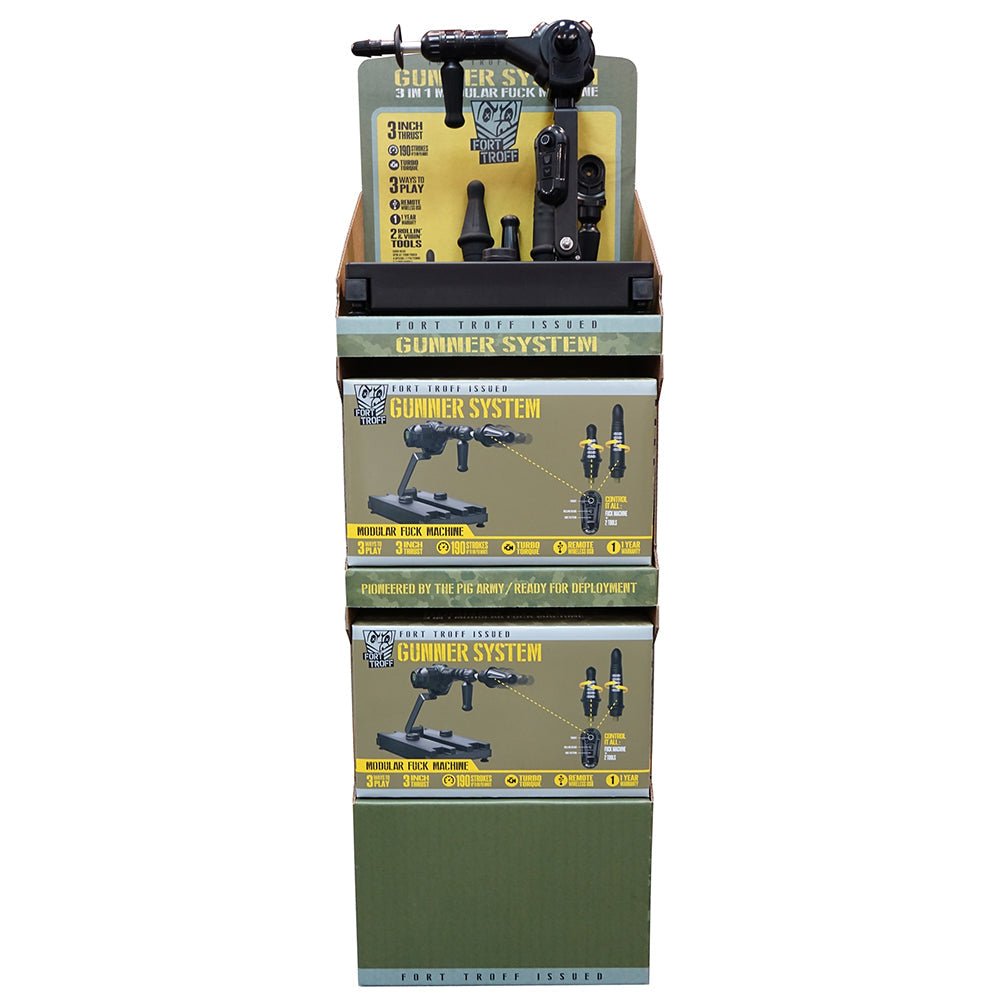 Fort Troff FT GUNNER 3-In-1 Fuck Machine corrugated display showcasing product features in retail setting.