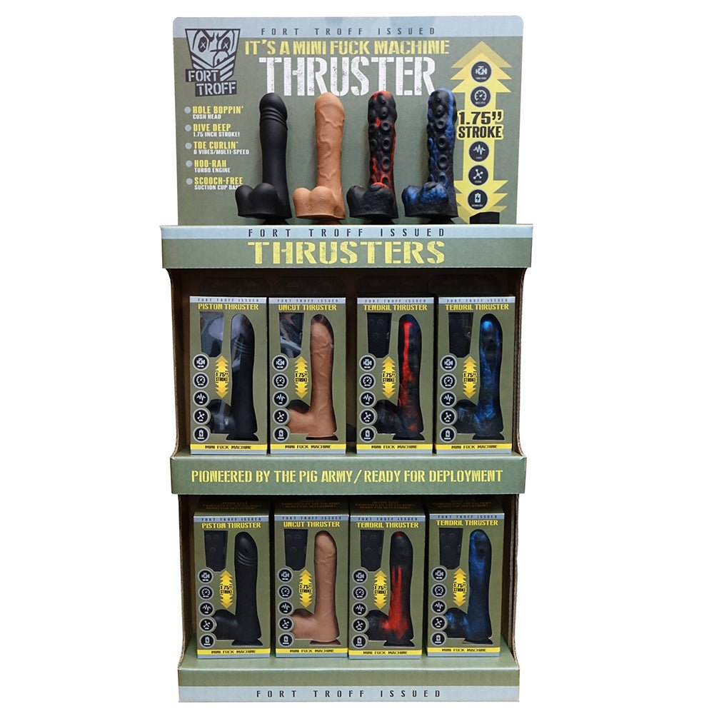 Fort Troff Thrusters Mini Fuck Machine Corrugated Display showcasing pleasure devices in-store.