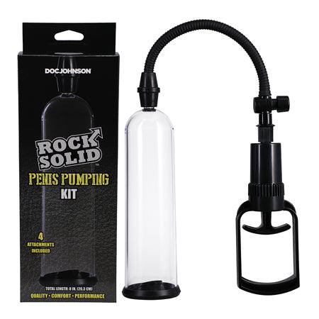 Rock Solid Penis Pumping Kit with 4 black and clear attachments, featuring a clear vacuum cylinder and manual pump handle.