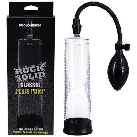 Rock Solid Classic penis pump with clear vacuum cylinder, squeeze bulb, and measurement gauge for effective performance and enhancement