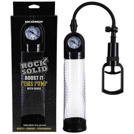 Rock Solid Classic Boost It penis pump with gauge and transparent vacuum cylinder for measuring progress