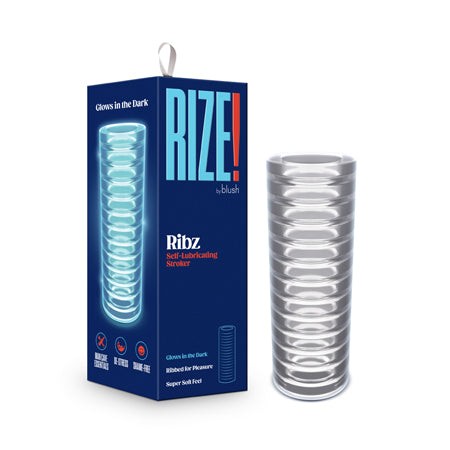 RIZE! Ribz glow in the dark ribbed self-lubricating stroker with packaging and textured design