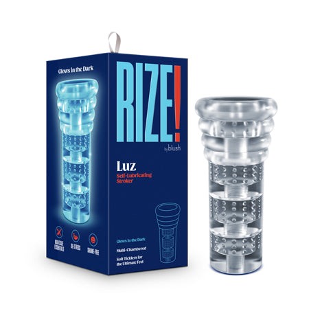 RIZE! Luz Glow in the Dark self-lubricating male stroker with multi-chambered design and soft, flexible texture.