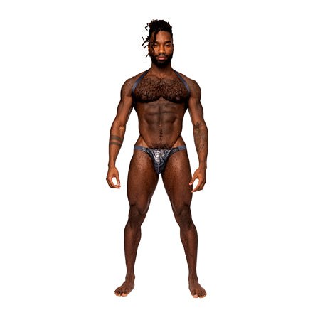 Naked Shoulder Sling Harness Thong One-Piece for men, featuring metallic fabric and unique design.