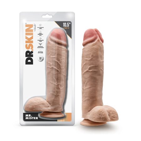 Dr. Skin Mr. Mister 10.5 inch beige dildo with realistic texture, balls, and suction cup base for hands-free play.
