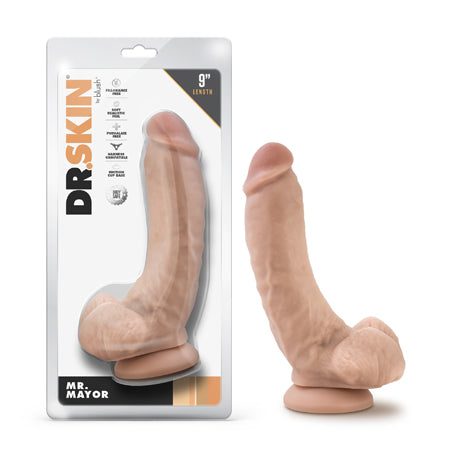 Dr. Skin Mr. Mayor 9-inch beige dildo with balls and suction cup base.