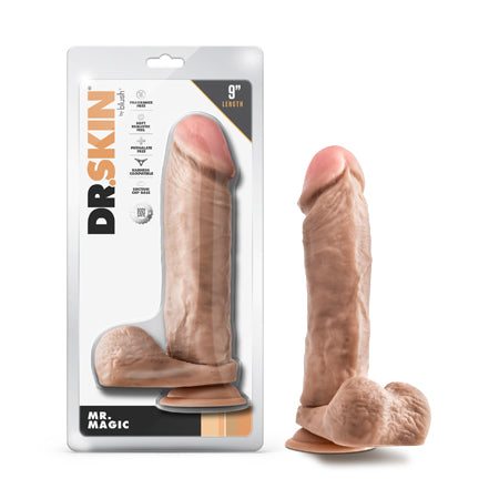 Dr. Skin Mr. Magic 9-inch realistic beige dildo with veins, textured shaft, balls, and suction cup base.