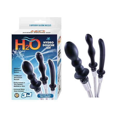 H2O Hydro Douche Kit Black with water bag, hose, and nozzle for intimate hygiene.