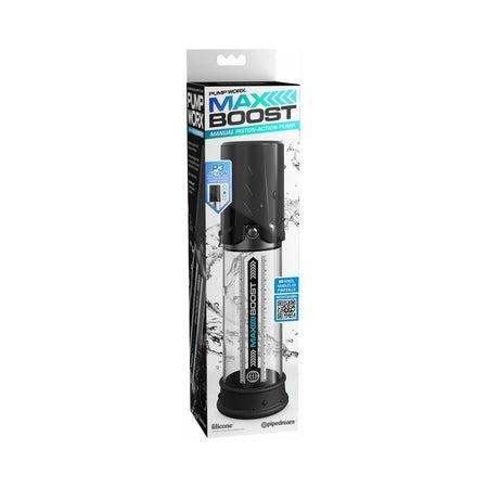 Pump Worx Max Boost Penis Pump in packaging showing clear vacuum cylinder and silicone sleeve.