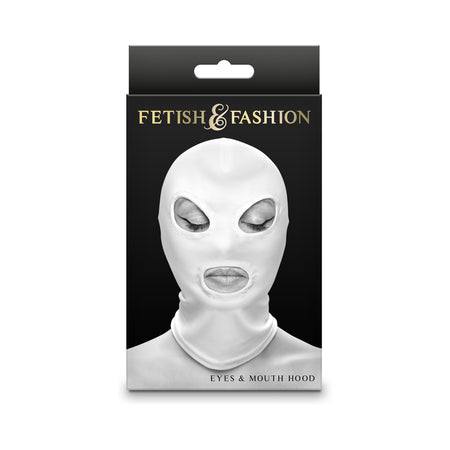 Fetish & Fashion Eyes & Mouth Hood White in packaging, sleek design covering eyes and mouth.