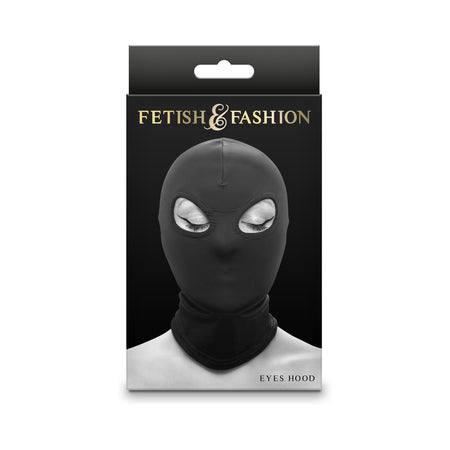 Fetish & Fashion Eyes Hood Black with eye cutouts in packaging.