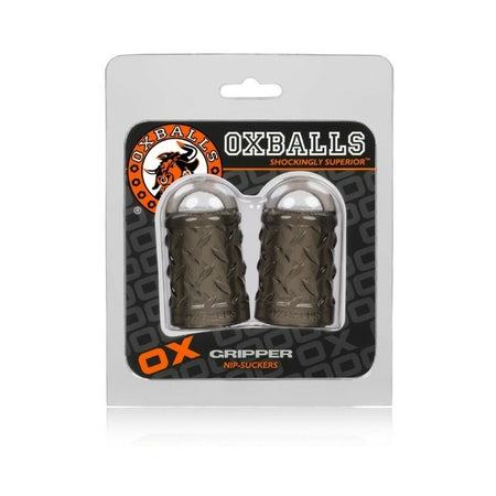 OxBalls Gripper Nipple Suckers in packaging with faux diamond plate design for intense nipple stimulation and enhanced sensitivity.