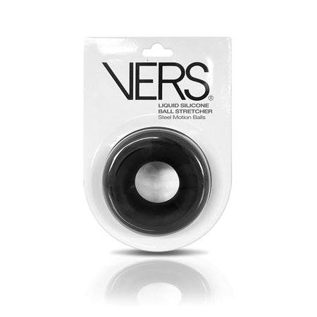VERS Liquid Silicone Motion Ball Stretcher in black, flexible male enhancement device for improved pleasure and performance.
