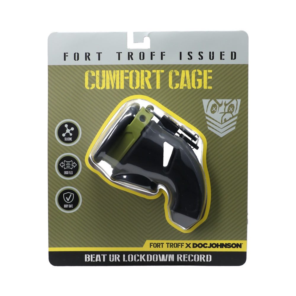Fort Troff CUMfort Cage Black in packaging, featuring body-safe silicone construction and adjustable fit for enhanced chastity experience.