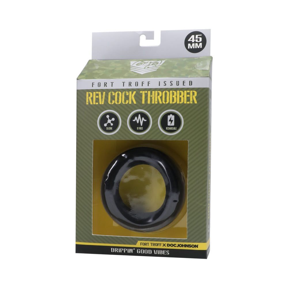Fort Troff Rev Cock Throbber Black in packaging, featuring ergonomic design and dual vibration engines.