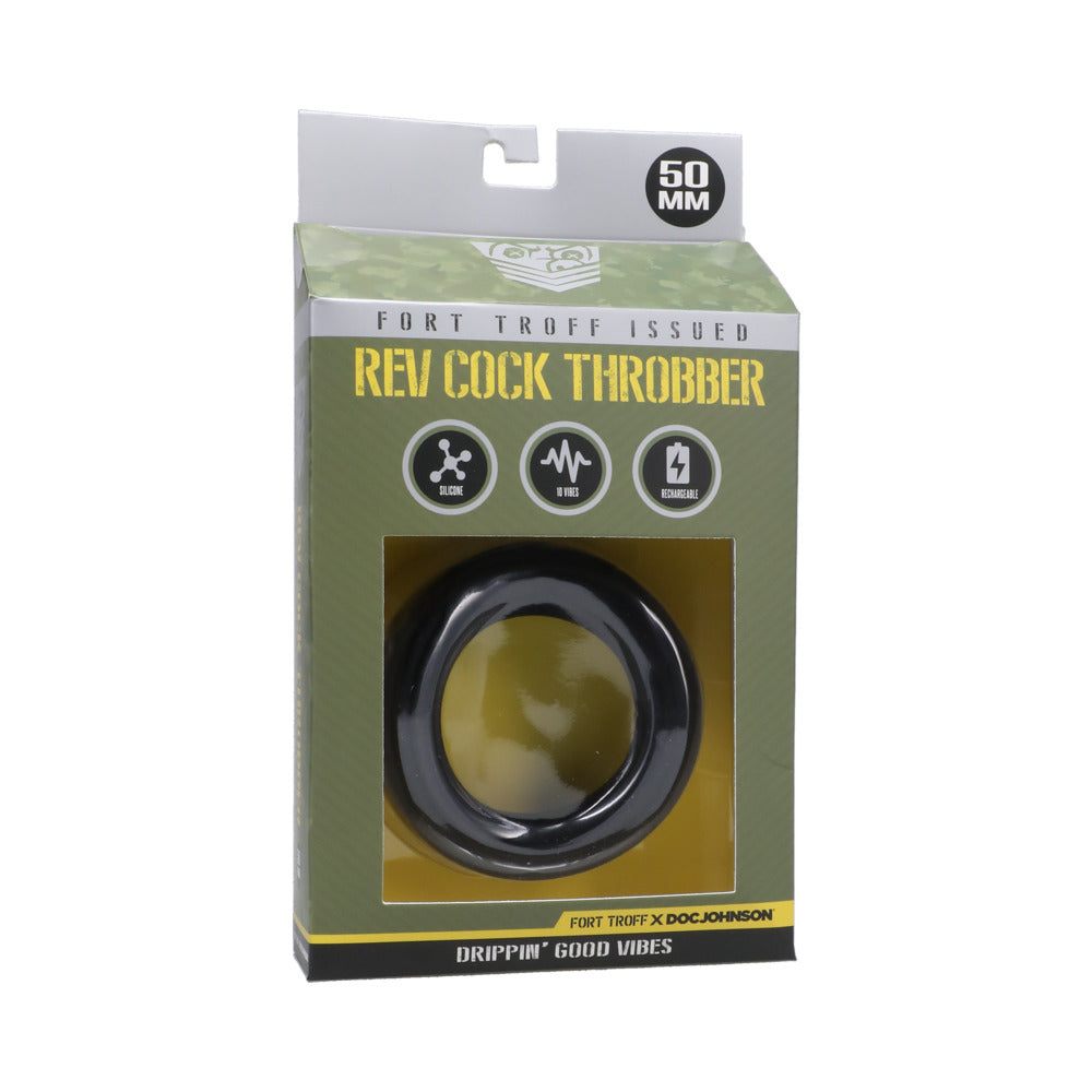 Fort Troff Rev Cock Throbber Large Black packaging, featuring a sleek black design cock ring with 50mm diameter.