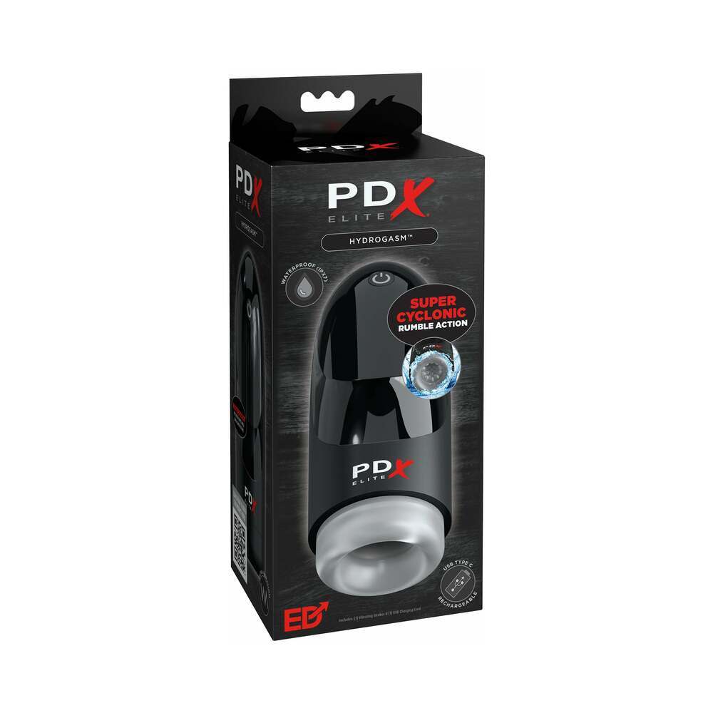 PDX Elite Hydrogasm pleasure device in frosted black with super cyclonic rumble action and USB rechargeable waterproof design