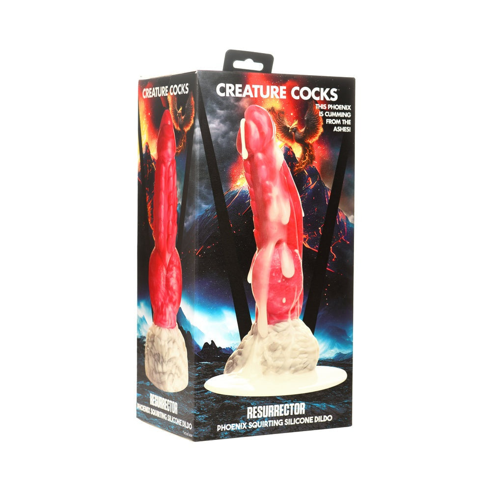 Creature Cocks Resurrector Phoenix Squirting Silicone Dildo in packaging, featuring lifelike red and white phoenix design with squirting feature and suction cup base.