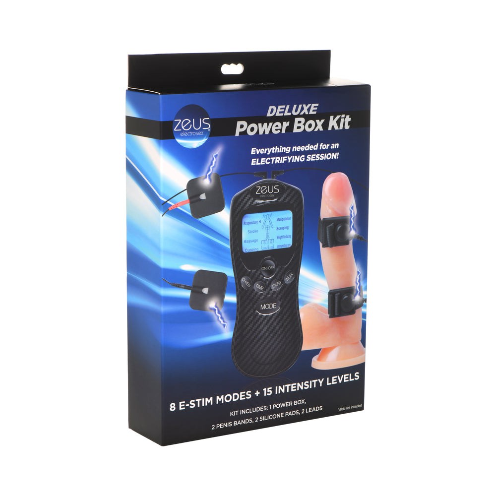 Zeus Electrosex Power Box Kit packaging showcasing e-stim modes and intensity levels.