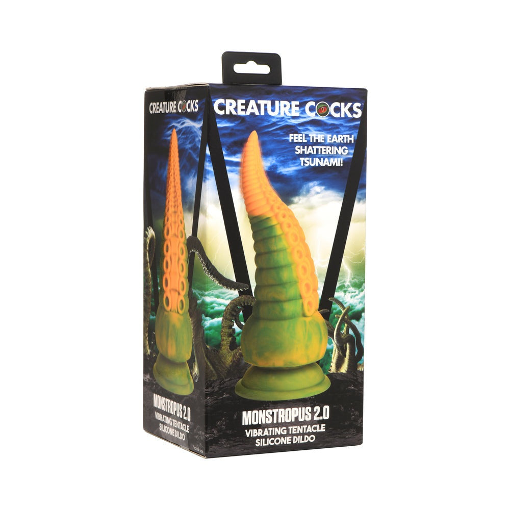 Creature Cocks Monstropus 2.0 vibrating tentacle silicone dildo in yellow and green with suction base and textured suckers.