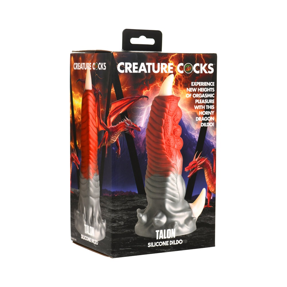 Creature Cocks Talon Silicone Dildo featuring red and silver dragon-inspired design with ribbed texture and sharp talons, harness compatible with suction cup base.