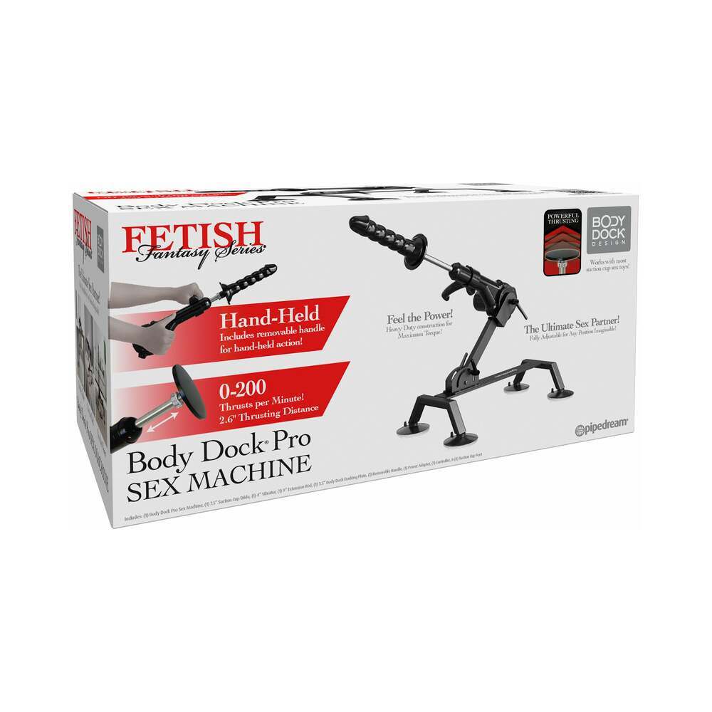 Fetish Fantasy Series Body Dock Pro Sex Machine with hand-held removable handle and adjustable thrust speed up to 200 per minute on steel frame with suction cup feet for stability