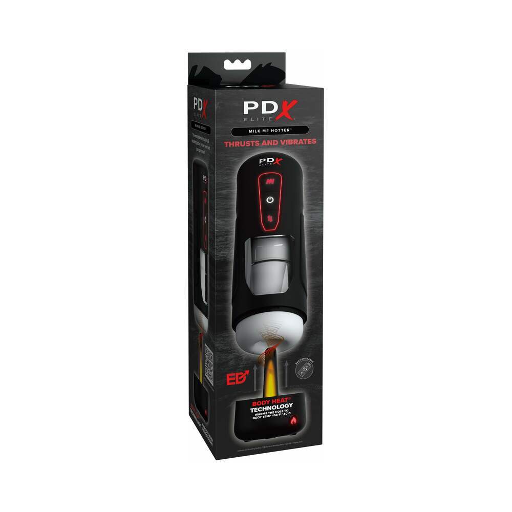 PDX Elite Milk Me Hotter male stroker with thrusting, vibrating, and warming features in black packaging.