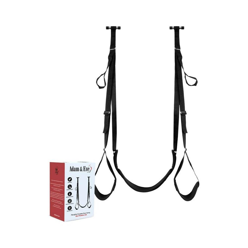 Adam & Eve Naughty Couples Door Swing for adventurous intimate experiences, showing adjustable straps and stirrups.