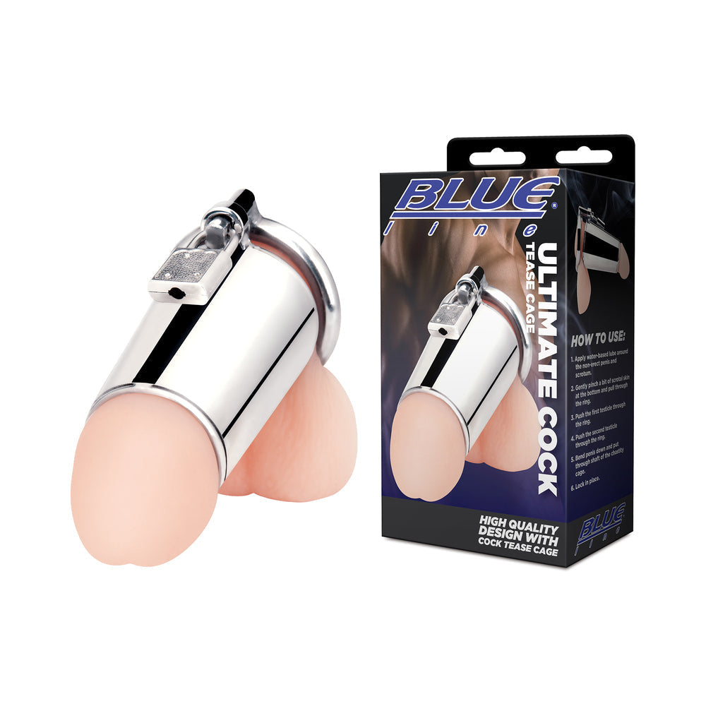 Blue Line Ultimate Cock Tease Cage chastity device with stainless steel design and packaging.