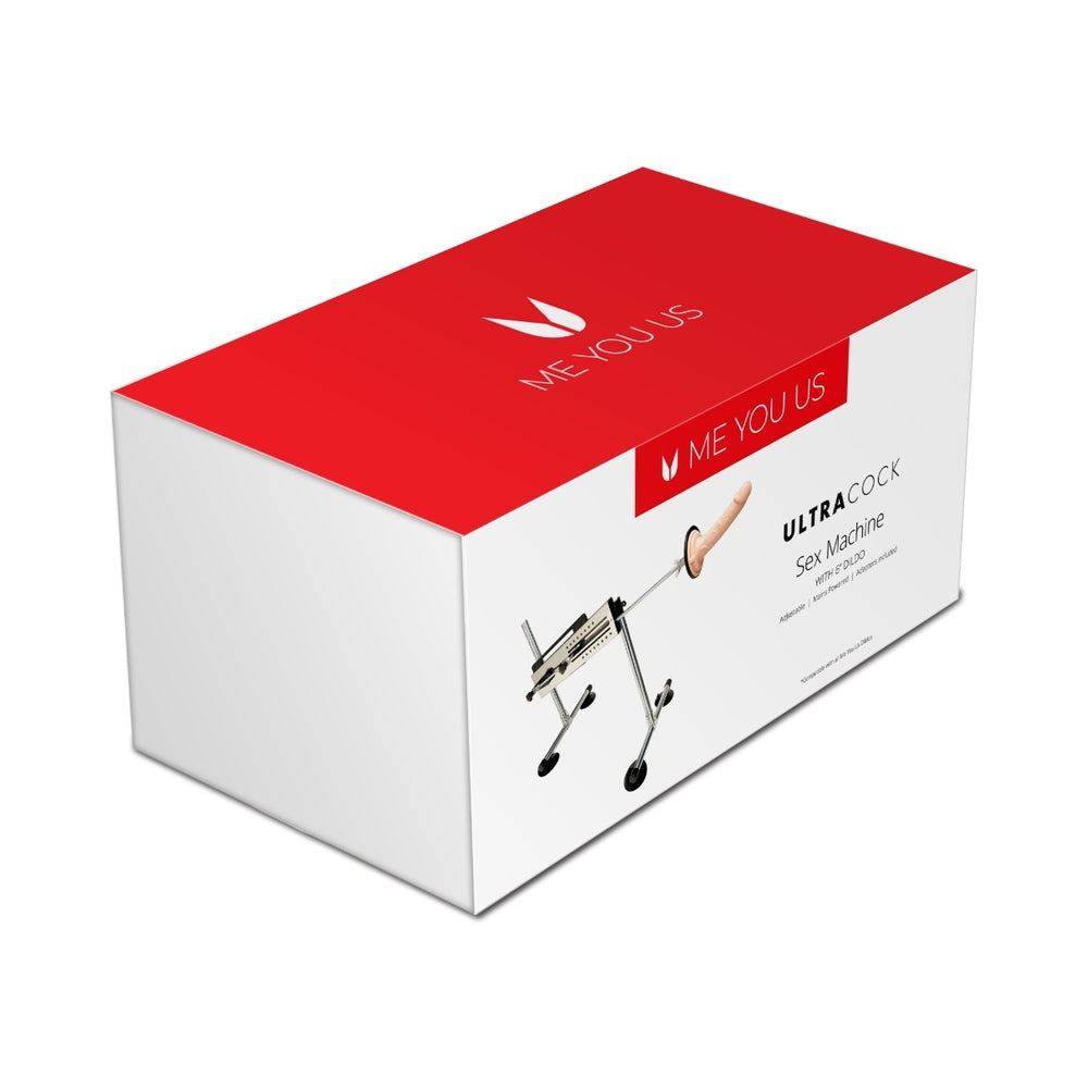 Packaging box of Me You Us UltraCock adjustable sex machine with dildo attachment displayed on front