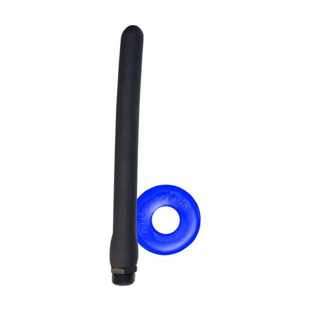 Oxballs Oxshot Butt Nozzle Shower Hose with Cockring in black and blue, featuring a smooth platinum silicone design.