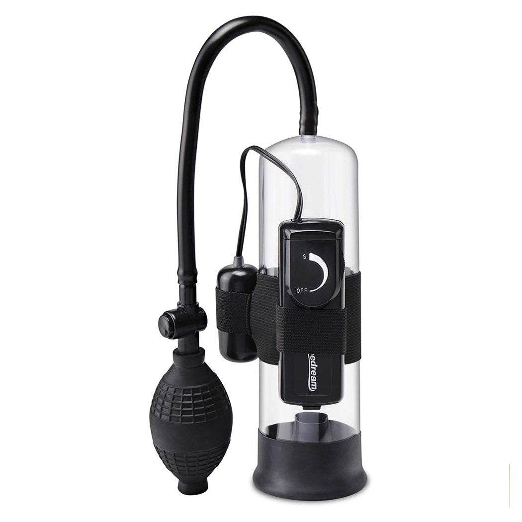 Pipedream Pump Worx Beginner's Vibrating Pump in clear and black with handheld pump and vibrating function for enhanced pleasure.