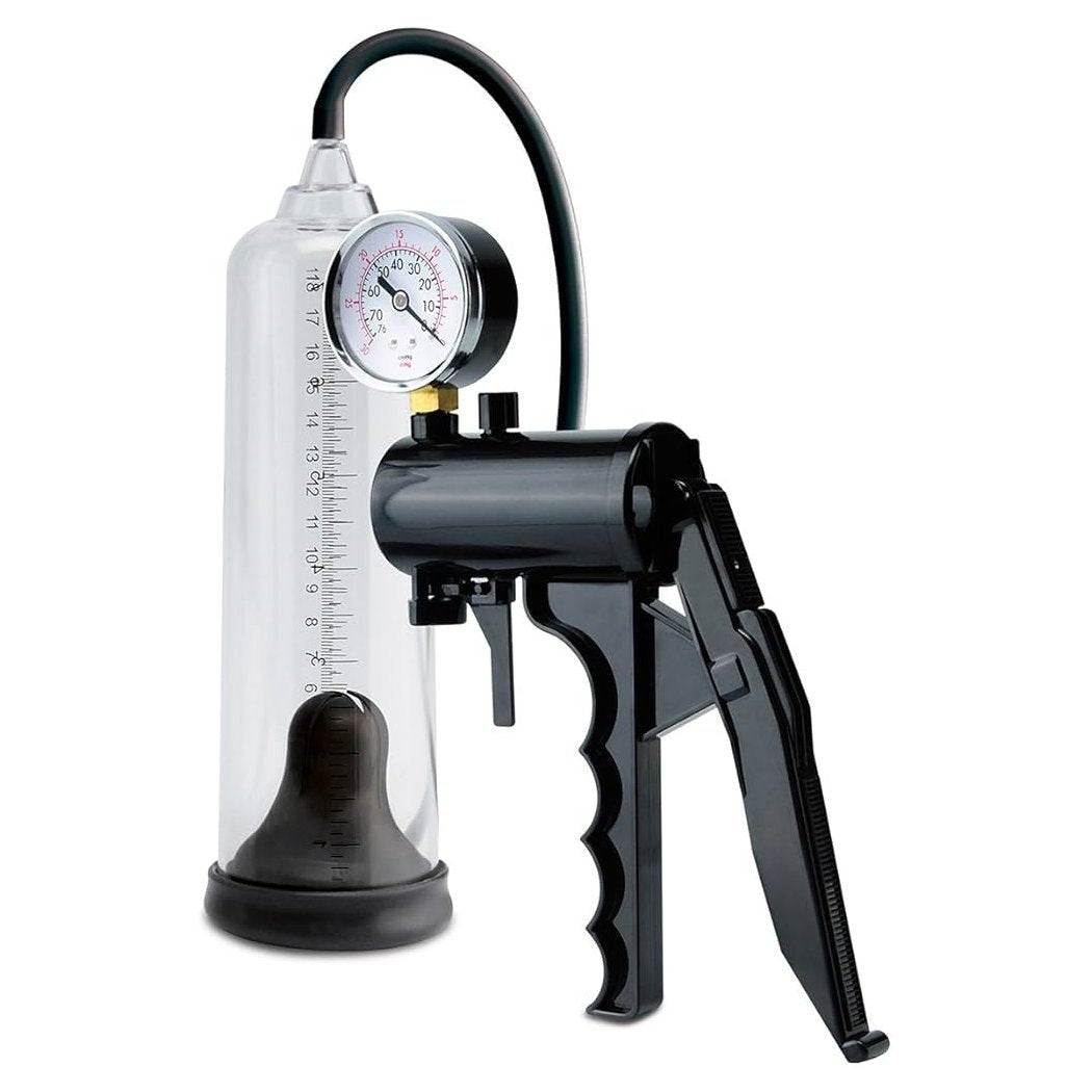 Pipedream Pump Worx Max-Precision Power Pump in clear and black with ergonomic grip and pressure gauge