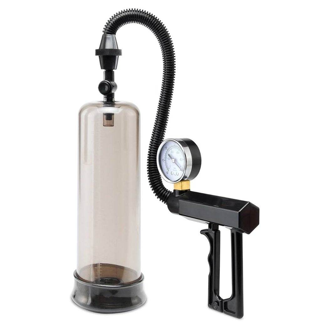 Clear and black Pipedream Pump Worx Pistol-Grip Power Pump with transparent cylinder and pistol-grip handle.