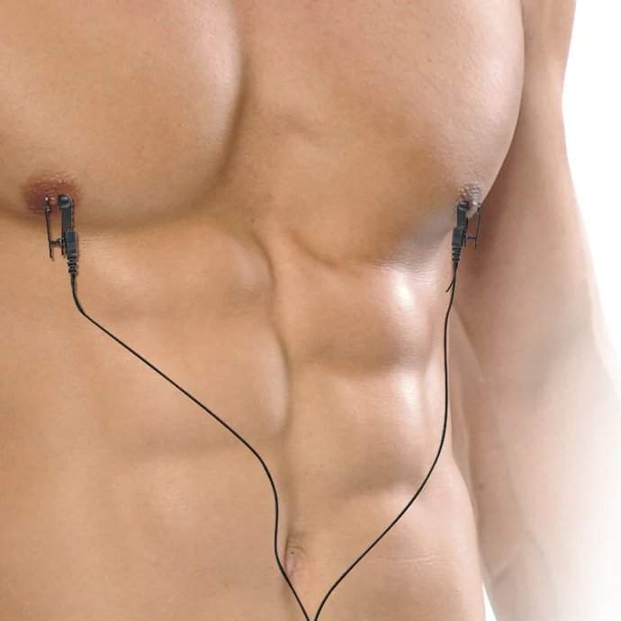 Pipedream Fetish Fantasy Series adjustable black nipple clamps with electro-stimulation on a male chest