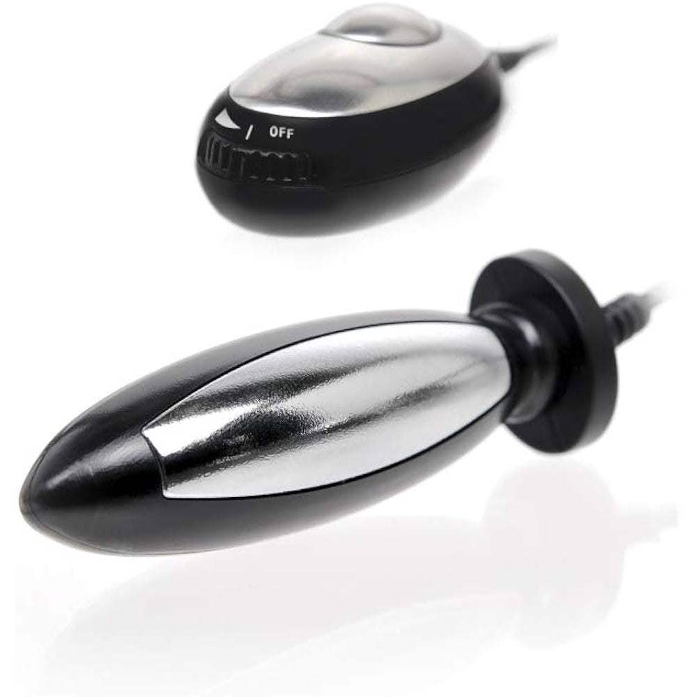 Black and silver shock therapy pleasure probe with remote control for customizable intensity levels.