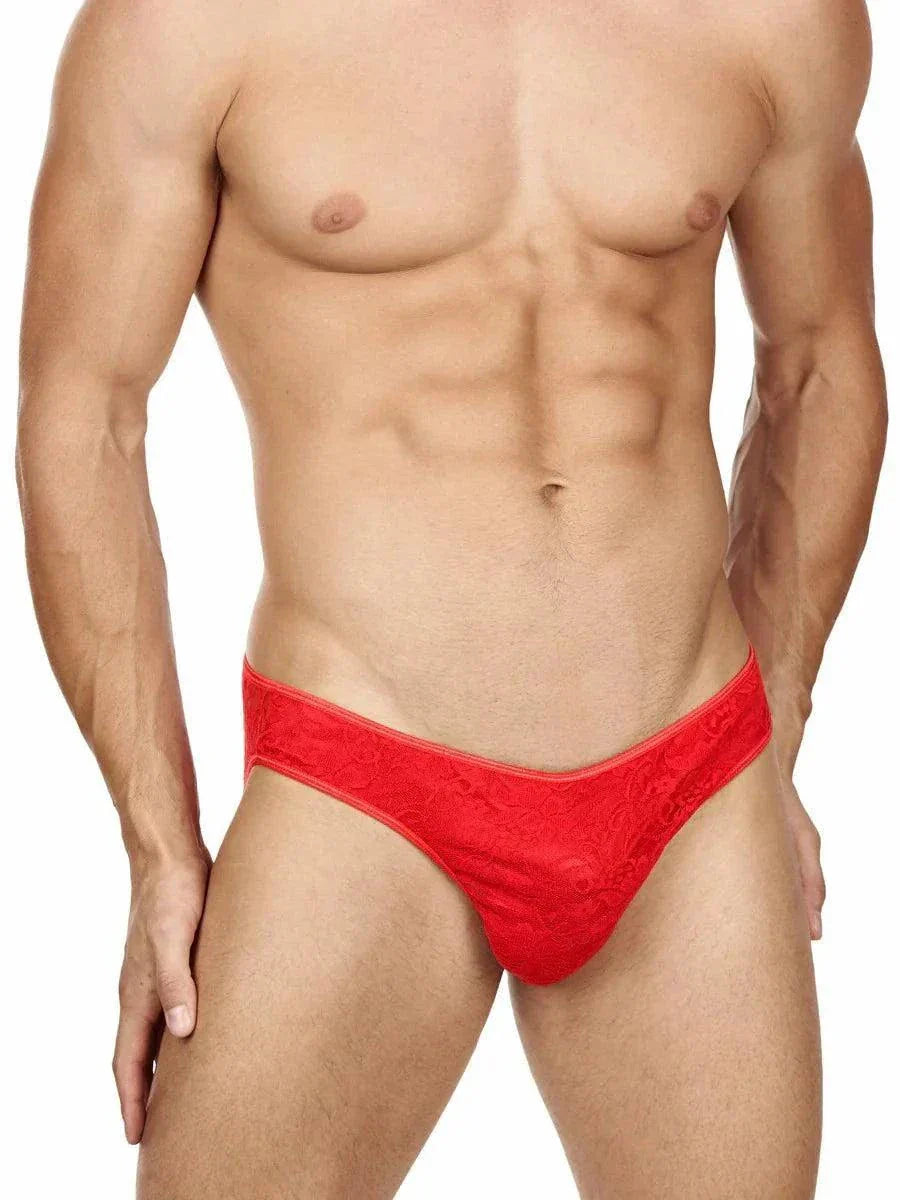 Male model wearing red Prowler Lace Briefs with floral lace design