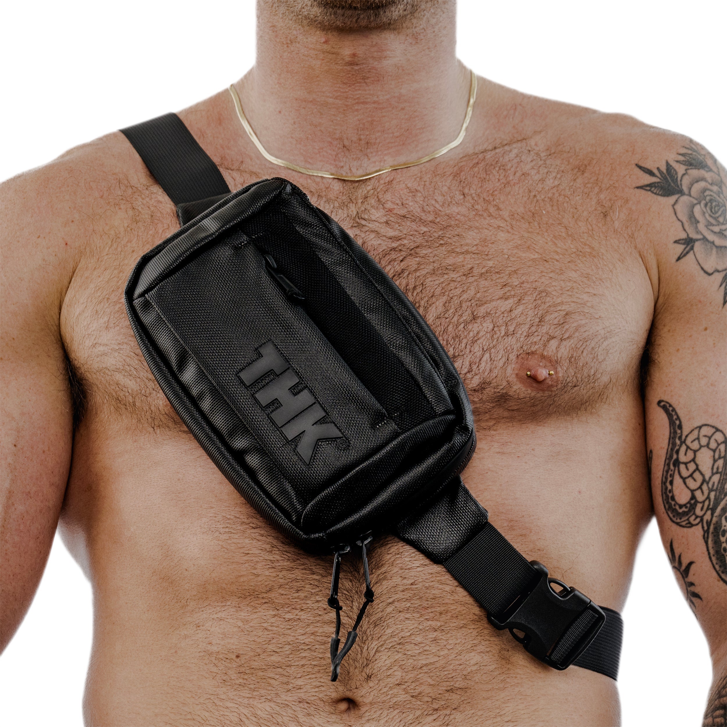 The Halo black fanny pack crossbody bag with THK logo.