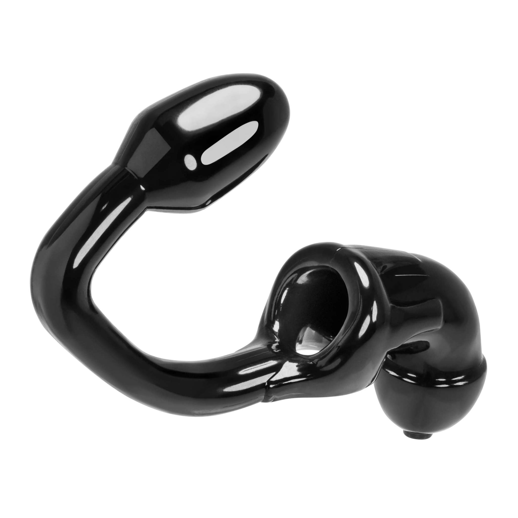 OxBalls Tailpipe chastity cock-lock with attached buttplug in black silicone for BDSM play.