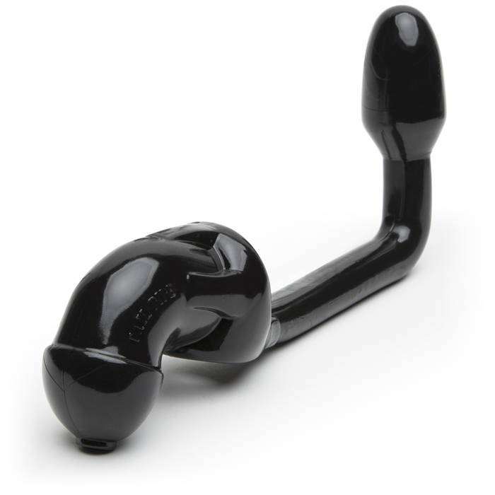 Black OxBalls Tailpipe chastity cock-lock with attached buttplug made of silicone for BDSM play.